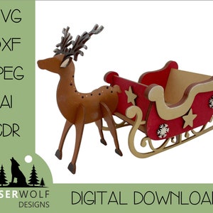 File di taglio laser Download digitale Vector Glowforge SVG, Kit artigianale natalizio, Set di renne e slitte File laser in legno