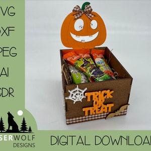 Laserschneiden Datei Digital Download Vektor Glowforge Laser Halloween Süßes oder Saures Box Kürbis
