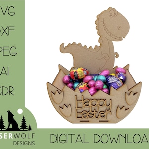 Laser Cutting File Digital Download Vector Glowforge SVG, dxf, ai, cdr, Easter Craft DIY Easter Treat Box Egg Basket Dino