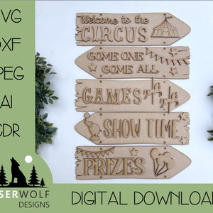 Fichier de découpe laser Téléchargement numérique Vector Glowforge SVG, dxf, ai, cdr, Circus Theme Room Decor Direction Sign