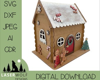 Laser Cutting, Digital Download, Vector Laser File, Glowforge, DIY Christmas Decorations, Build Your Own Gingerbread House Opening Lid