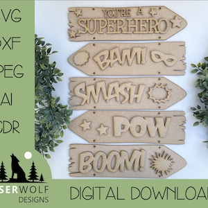 Laser Cutting File Digital Download Vector Glowforge SVG, dxf, ai, cdr, Superhero Direction Sign Superhero Theme Sign