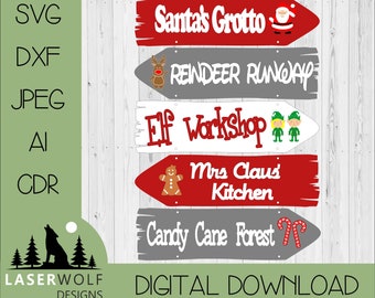 Laser Cutting File Digital Download Vector Glowforge SVG, dxf, ai, cdr, Christmas Direction Sign Santa&#39;s Grotto