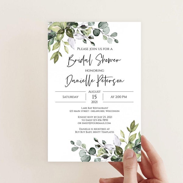 4x6 Eucalyptus Bridal Shower Invitation - Printable Greenery Invite - Editable TEMPLETT Template Instant Download