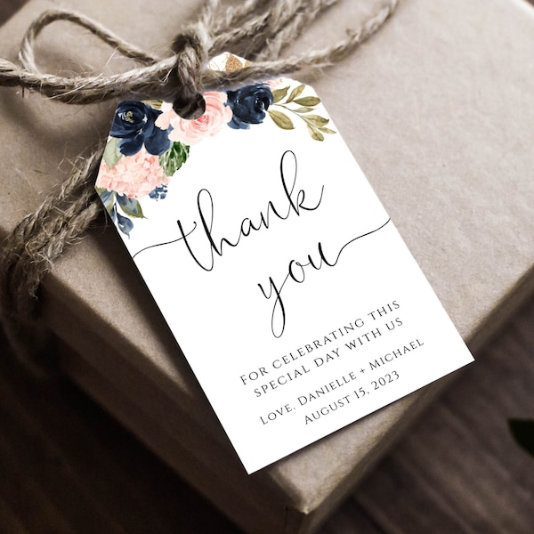 Navy Blush Wedding Thank You Tag Template, Wedding Favor Tags Personalized, Editable & Printable, Templett - Instant Download