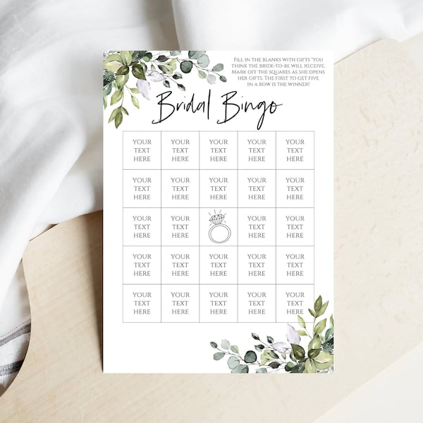 Editable Bridal Shower Bingo Game Template - Printable Eucalyptus Games - Greenery cards TEMPLETT Instant Download