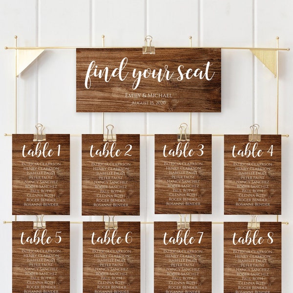 Rustic Wedding Seating Chart Template, Printable Wooden Cards, Wood Signs - Editable with TEMPLETT Digital Download