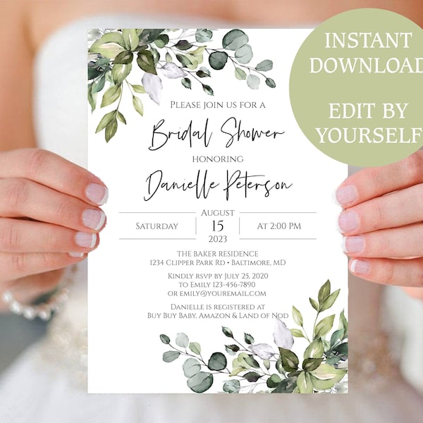 5x7 Bridal Shower Invite Template - Eucalyptus Wedding Shower Invitation - Instant Download, Editable & Printable, TEMPLETT