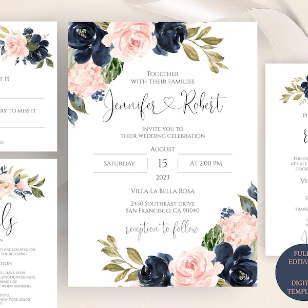 Navy Blush Wedding Invitation Template, Wedding Invitation Suite Templett, Editable & Printable Set, Instant Download
