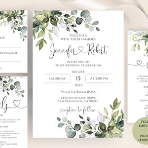 Greenery Wedding Invitation Template, Eucalyptus Wedding Invite, Editable & Printable Set, Instant Download