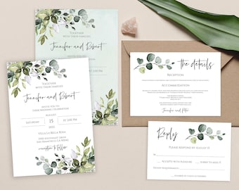 Eucalyptus Wedding Invitation Bundle, Boho Wedding Invite Set Template - Editable & Printable Wedding Suite TEMPLETT