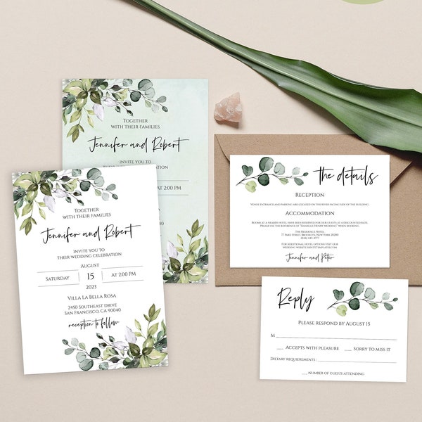 Eucalyptus Wedding Invitation Bundle, Boho Wedding Invite Set Template - Editable & Printable Wedding Suite TEMPLETT