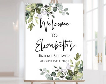 Greenery Bridal Shower Welcome Sign, Printable Eucalyptus Decal, Editable TEMPLETT Template, Instant Download