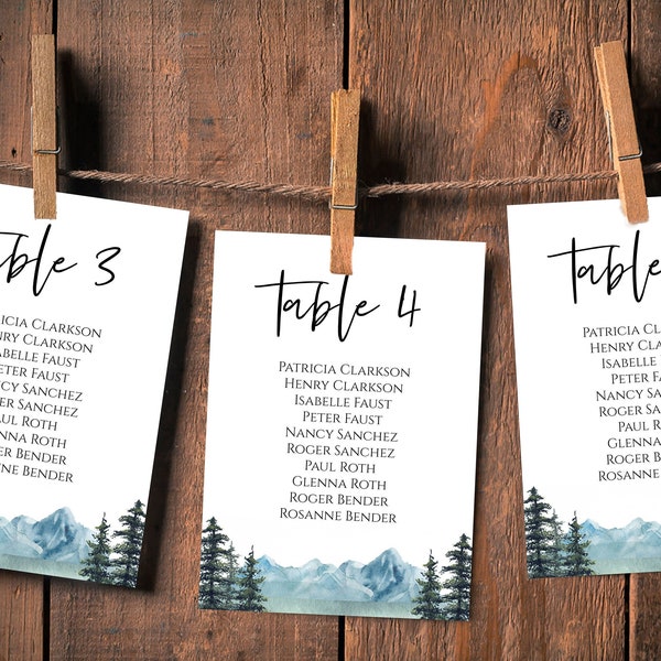 Mountain Wedding Seating Chart Template, Table Assignment Cards, Modern Rustic Printable - Editable with TEMPLETT