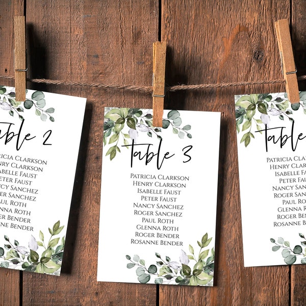 4x6 5x7 Wedding Seating Chart Cards Template - Printable Greenery Table Plan Sign Editable Card with TEMPLETT