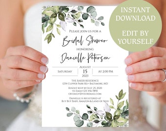 5x7 Bridal Shower Invite Template - Eucalyptus Wedding Shower Invitation - Instant Download, Editable & Printable, TEMPLETT