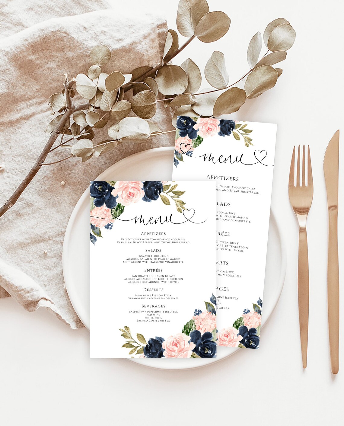 Navy Blush Wedding Menu Template, Boho Food Signs, Floral Menu Card