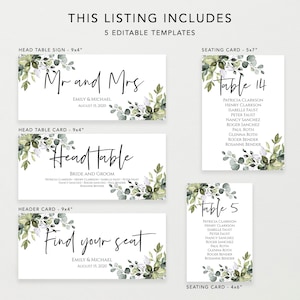 4x6 5x7 Wedding Seating Chart Cards Template Printable Greenery Table Plan Sign Editable Card with TEMPLETT image 2