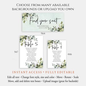 4x6 5x7 Wedding Seating Chart Cards Template Printable Greenery Table Plan Sign Editable Card with TEMPLETT image 5