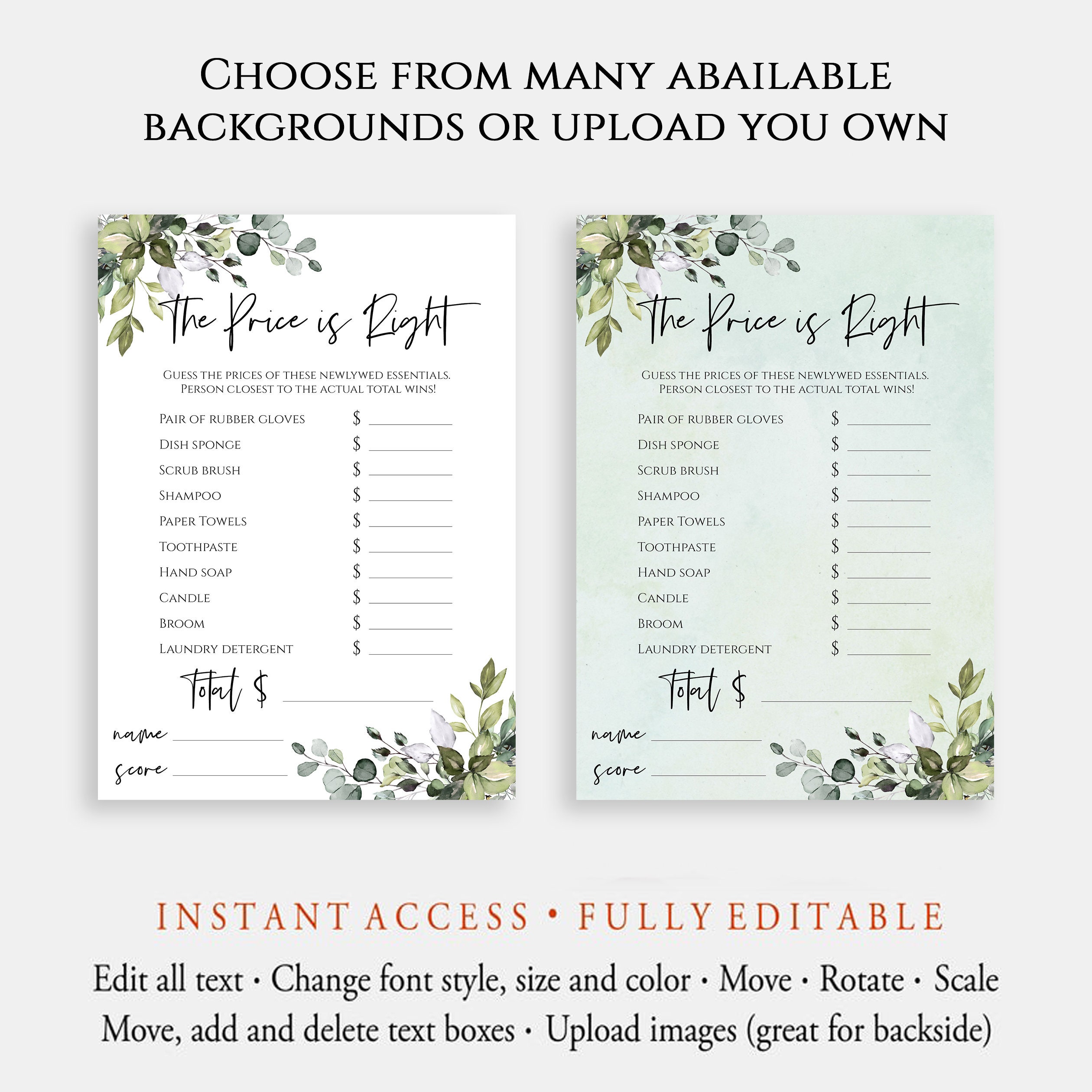 The Price is Right Bridal Shower Game Printable Greenery Games Editable ...