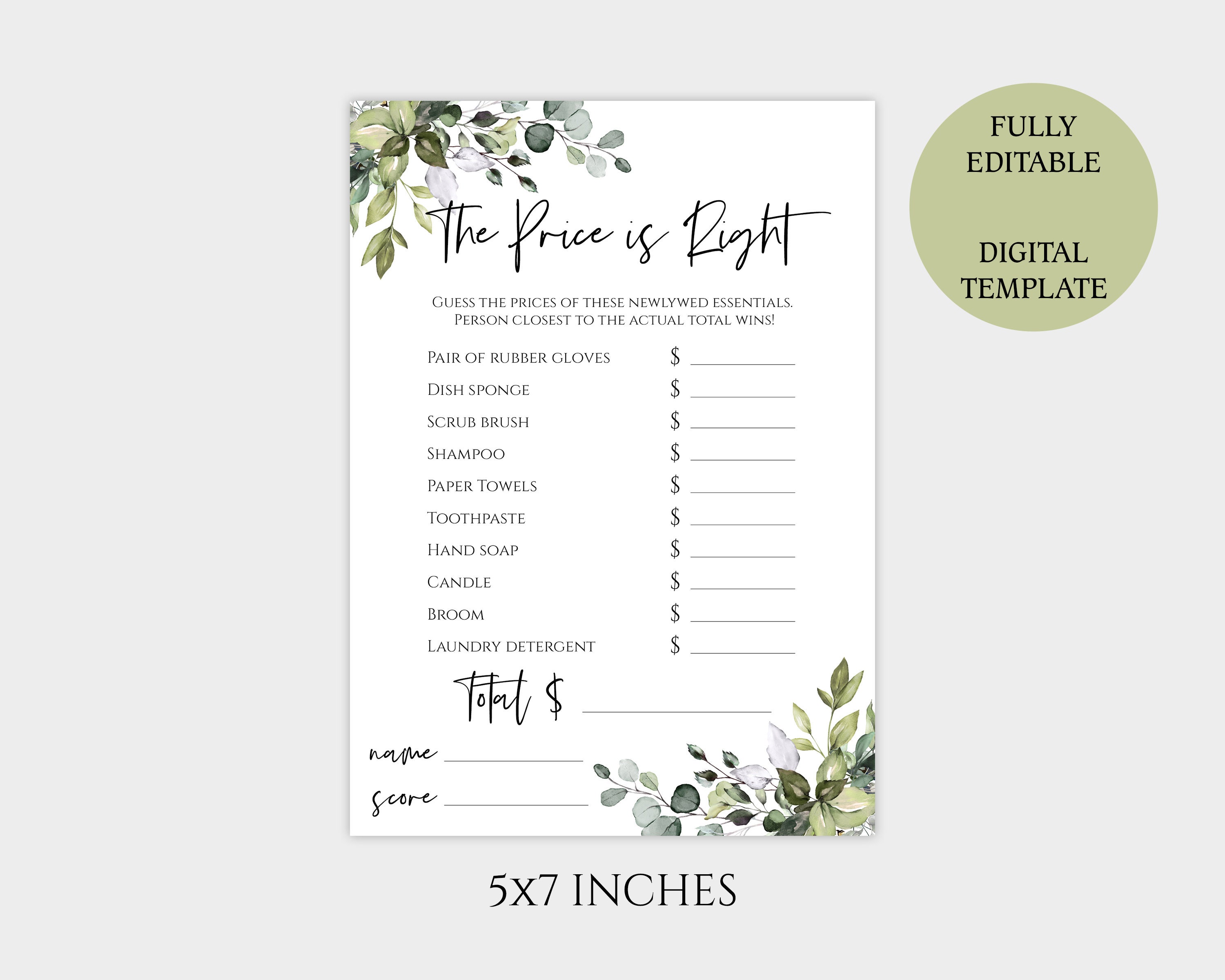 The Price is Right Bridal Shower Game Printable Greenery Games Editable ...