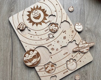 Wooden Solar System Puzzle, ECO Solar System Montessori, Education Puzzle for Kids, Planets Puzzle Desk.