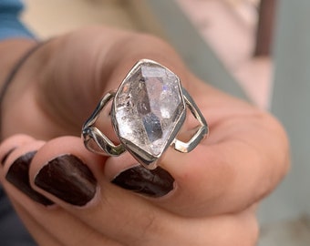 Solid 925 Sterling Silver Herkimer Diamond & Crystal Quartz Handmade Rings-S206 Solid 925 Sterling Silver Herkimer Diamond & Crystal Quartz Handmade Rings-S206
