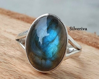 1PC Genuine Sterling Silver 925 Labradorite With White Topaz Rings,Natural White Topaz Ring,Labradorite Ring,Etsy Ring Gift for Mothers Day