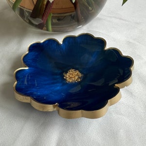 Handmade Cobalt Blue Resin Ring Dish: Gold Leaf Flower Trinket