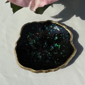 A Handmade Resin Trinket/Ring Dish in Opalescent Black and Edged in Gold Leafing