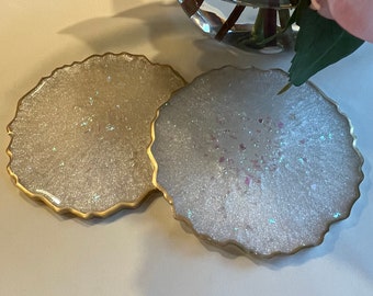 Iridescent White Resin Coasters with Gold Leafing - Set of 2