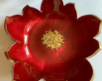 Floral Resin Bowl: Red & Metallic Gold with Gold Leaf