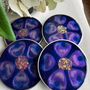 SALE-Resin Coasters(4) in Cobalt Blue and Variegated Shades of Purple Accented with Purple Sparkle Edged in Silver Leafing