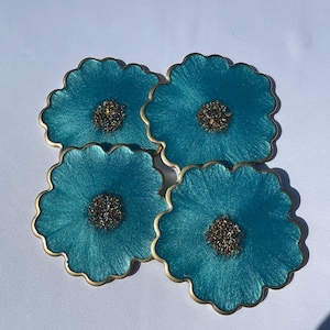 4-Elegant Flower Resin Coasters in a Turquoise Accented with Gold and Teal Leaf Flakes Edged in a Gold Leafing