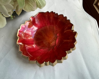 Elegant Geode Resin Trinket/Ring Dish in Variegated Reds and Glistening Orange Edged in a Gold Leafing