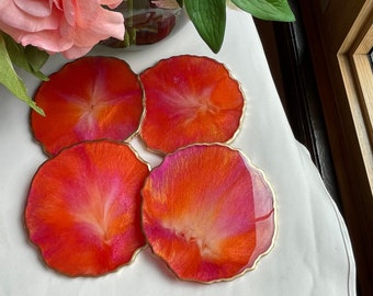 Vibrant Geode Resin Coasters (4) in Swirls of Magenta, Tangerine, Gold and White Edged in a Gold Leafing