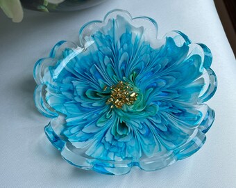 Elegant 3-D Resin Flower Bloom in Blue, Aqua, Green and White Accented with Gold Stones