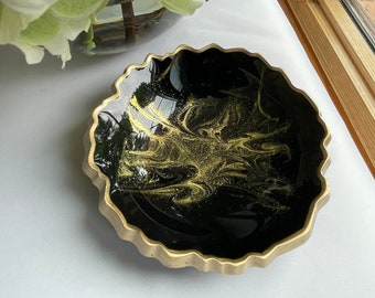 Elegant Black & Gold Resin Geode Ring Dish with Gold Leaf Edge