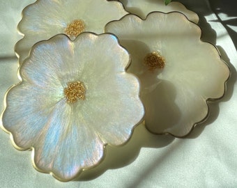 Iridescent Opalescent Floral Resin Coasters (4) in Muted Pastel Colors Accented with Gold Leaf Flakes Edged in Gold Leafing