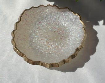 Handmade Resin Trinket/Ring  Dish in Glistening White with Opalescent Flakes Edged in Gold Leafing