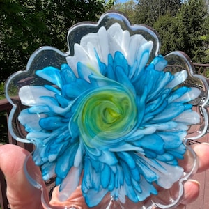 4-Elegant Floral Resin Coasters in a 3-D Bloom of Teal, Yellow and White