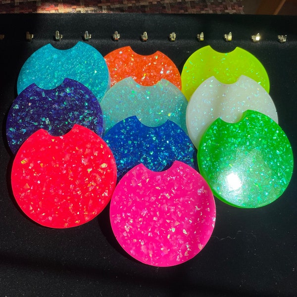 Clearance-Set of 2 Assorted Resin Large (2.87 inches)  Car Coasters in a Variety of Colors with Iridescent Sparkle