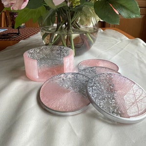 Elegant Resin Coaster Set in Champagne Pink and Silver Leaf Flakes Edged in a Silver Leafing