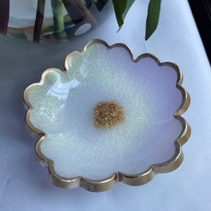 Iridescent Floral Trinket/Ring Dish in a Sparkling Iridescent White Accented with Gold Leaf Flakes Edged in a Gold Leafing