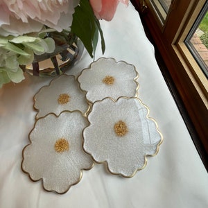 Elegant Floral Resin Coasters (4) in Glistening Pearl White Accented with Gold Leaf Flakes Edged in Gold Leafing
