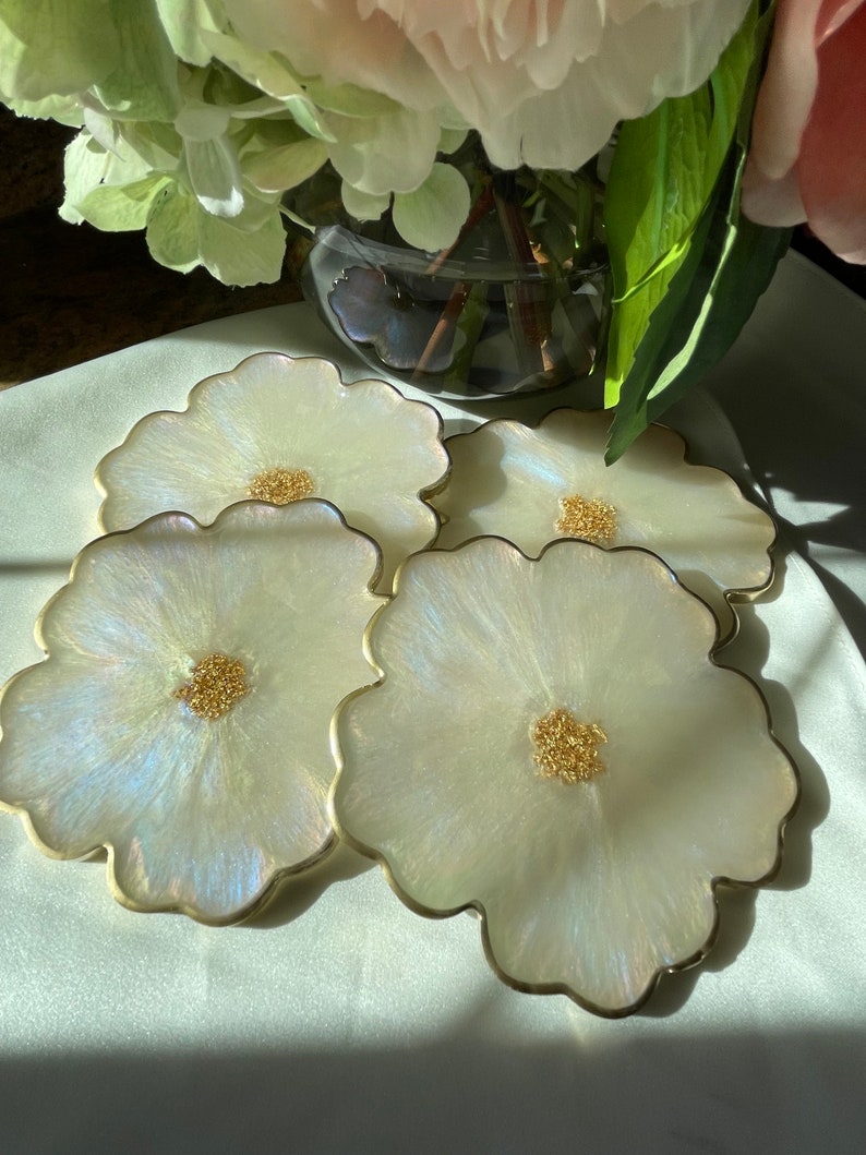 Iridescent Opalescent Floral Resin Coasters 4 in Muted Pastel Colors Accented with Gold Leaf Flakes Edged in Gold Leafing image 2