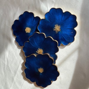 Handmade Resin Floral Coasters 4 in a Cobalt and Navy Blue Accented with Gold Leaf Flakes and Edged in a Gold Leafing image 5
