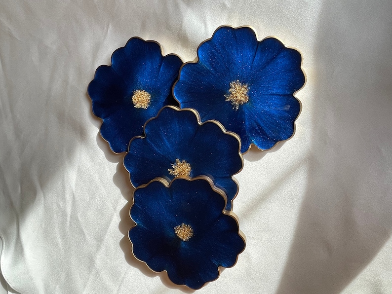 Handmade Resin Floral Coasters 4 in a Cobalt and Navy Blue Accented with Gold Leaf Flakes and Edged in a Gold Leafing image 5