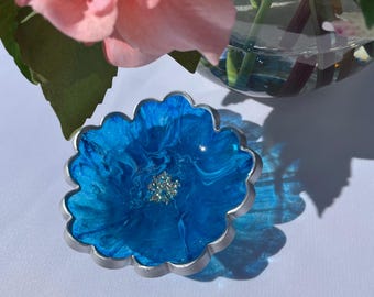 Floral Resin Trinket Dish: Blue, White Swirls, Silver Leaf Edge