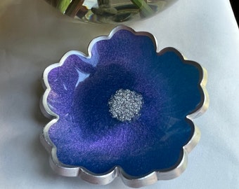 Handmade Floral Resin Ring Dish: Iridescent Blue Purple with Silver Leaf
